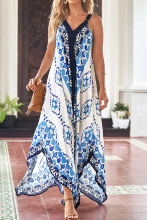 V-Neck Casual Loose Retro Print Vacation Sleeveless Maxi Dress