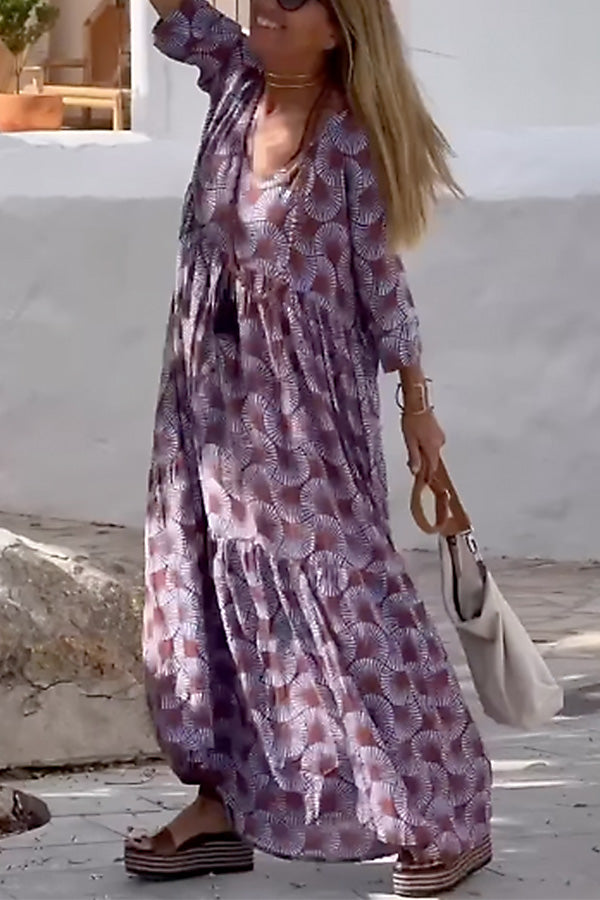 Ibiza Fashion Print Loose V Neck Long Sleeve Long Dress