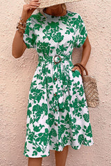 Green Leaf High Waist Belt Dress