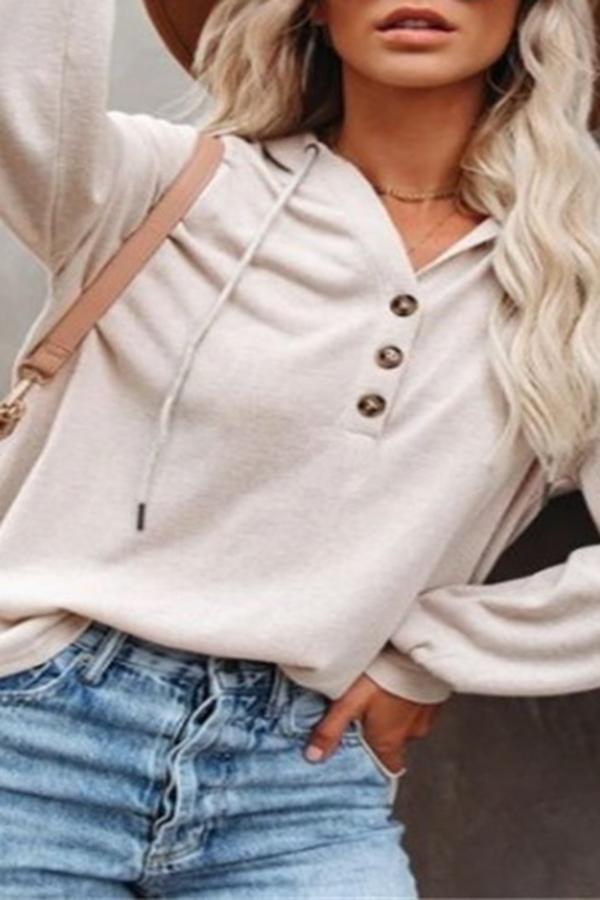 Casual Long Sleeve Hood Buttons Sweatshirt