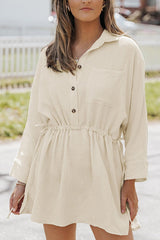 Beige Cotton Solid Color Buttoned Closure Long Sleeve Casual Dress