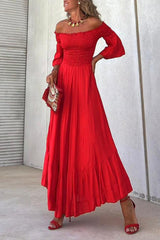 Off-the-shoulder five-quarter-sleeve bell-sleeve pleated maxi dress