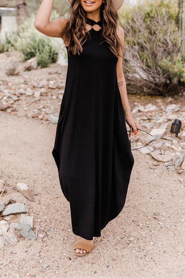 Off-Shoulder Casual Comfort Halter Neck Long Pocket Dress