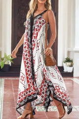 V-Neck Casual Loose Retro Print Vacation Sleeveless Maxi Dress