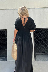 My Treasure Kimono Sleeve Pocketed Smoke Detail Slit Maxi Dress