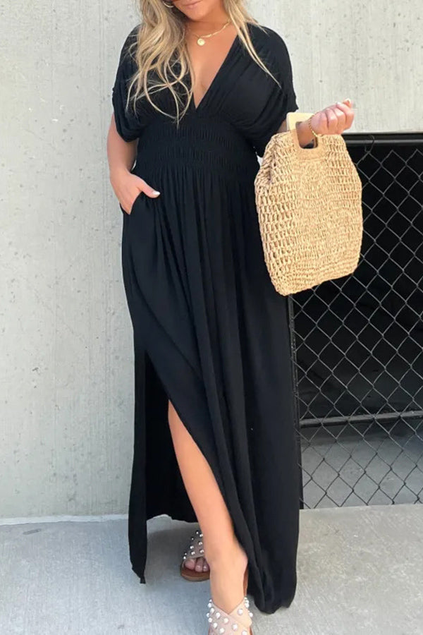 My Treasure Kimono Sleeve Pocketed Smoke Detail Slit Maxi Dress