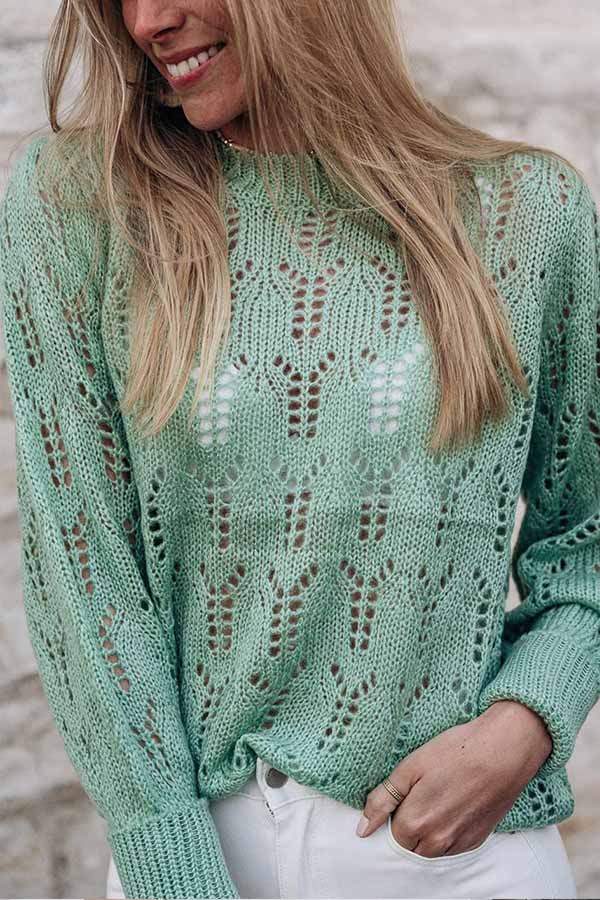 Green Casual Sheer Knitted Pointelle Sweater