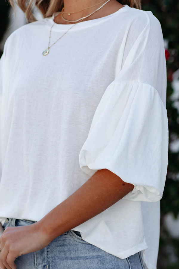 White Solid Color Casual Bubble Sleeve Blouse