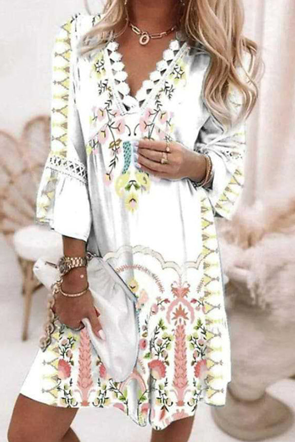 V-neck printed lace stitching bohemian casual holiday dress