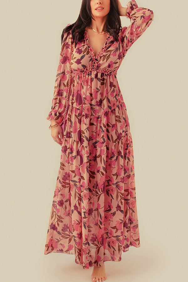 Pastel Red Floral Print Ruffle Trim Plunge Neckline Maxi Dress