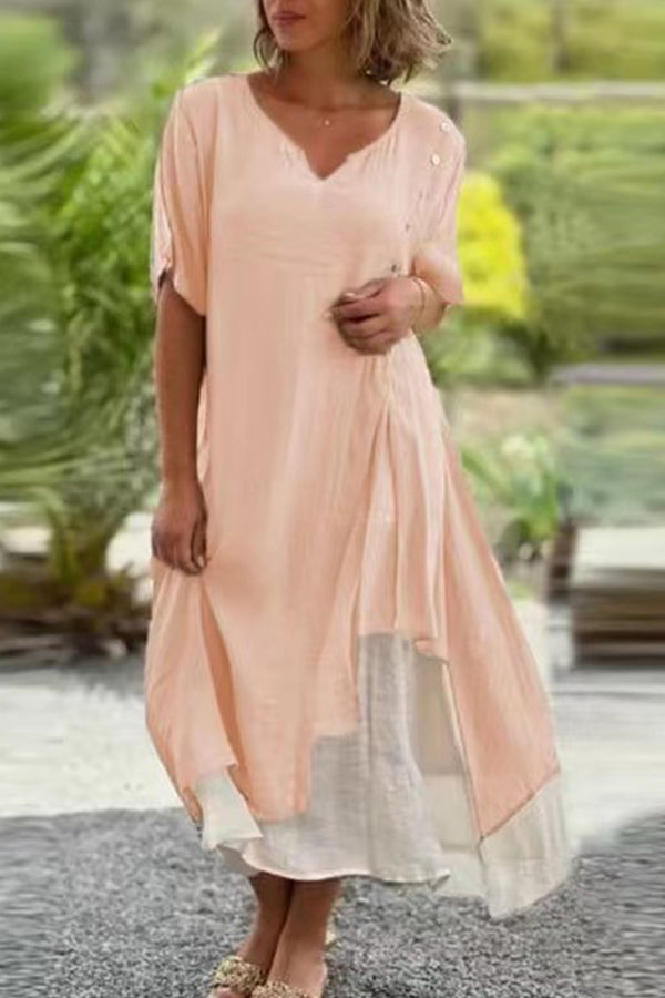 Fashion V Neck Short Sleeves Fake Two Piece Asymmetric Dress