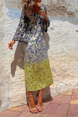 Summer Gold Floral Gradient Long Sleeve Dress