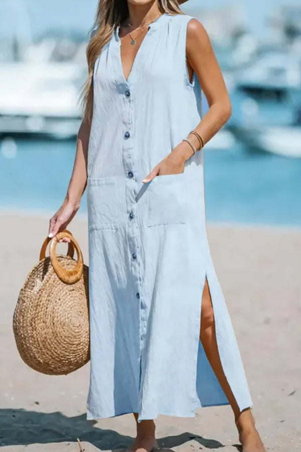 Cotton And Linen Sleeveless Solid Loose V-neck Maxi Dress