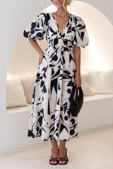 Elegant V-neck slim waist large swing skirt printed dress