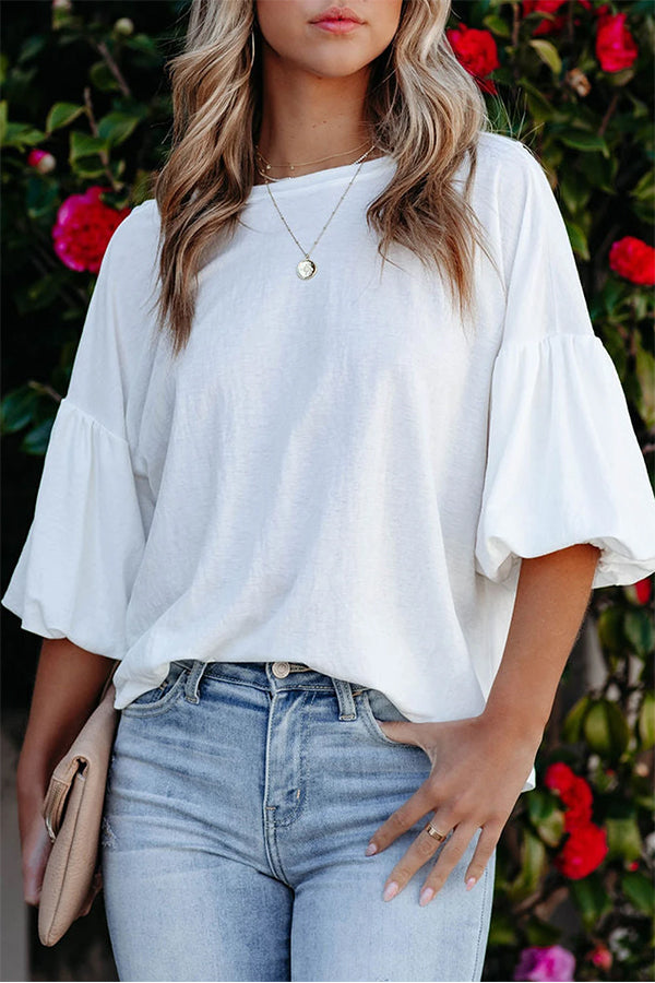 White Solid Color Casual Bubble Sleeve Blouse