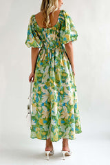 Elegant Square Neck Printed Puff Sleeve Long Dress