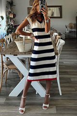 Striped V-Neck Hem Slit Casual Loose Dress