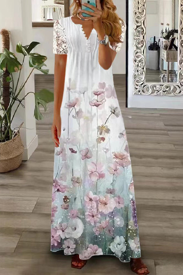 Boho Floral V Neck Button Lace Sleeve Holiday Beach Maxi Dress