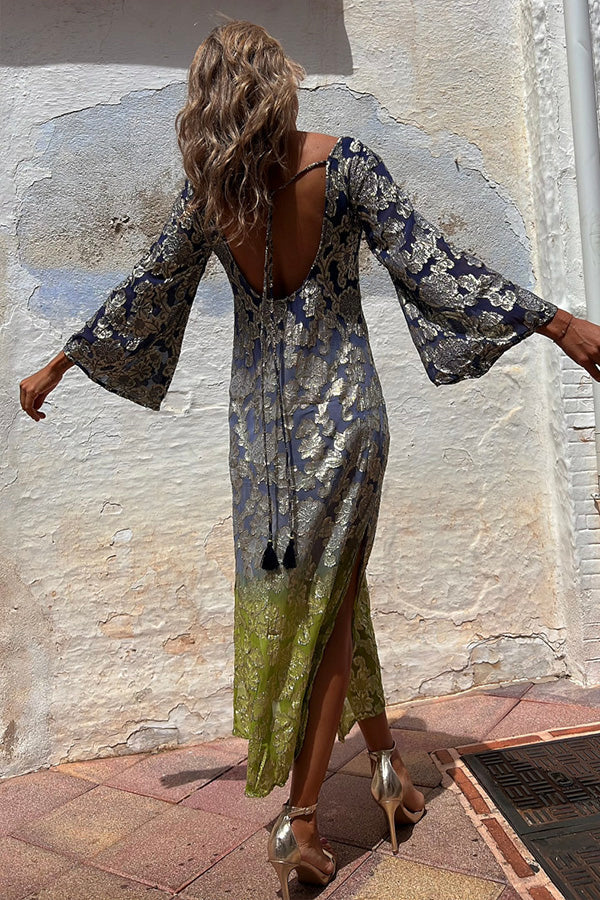 Summer Gold Floral Gradient Long Sleeve Dress