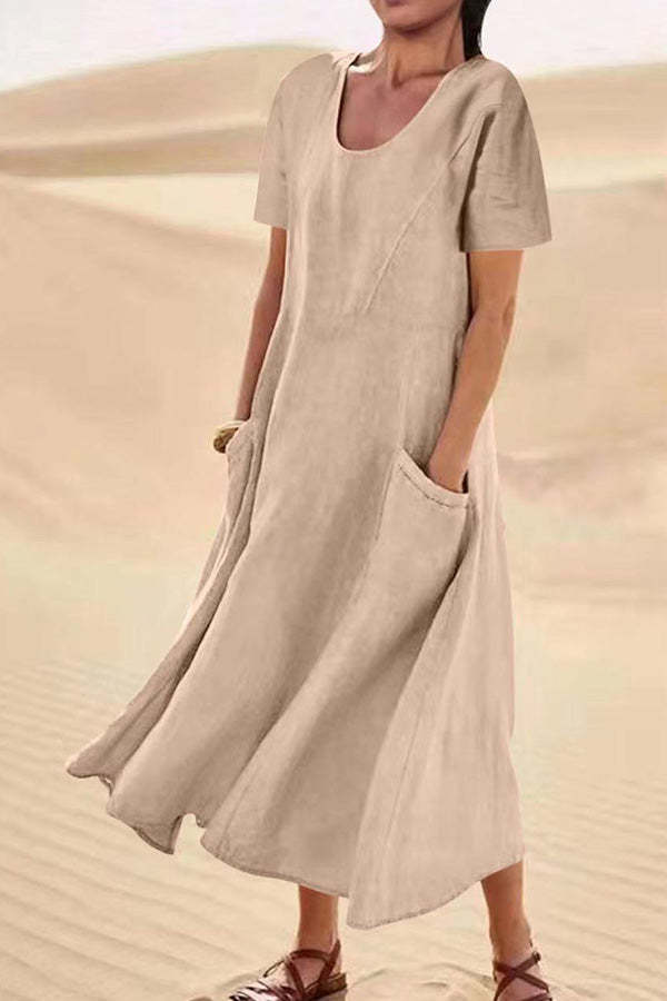 Solid Color Cotton Linen Loose Casual Pocket Dress