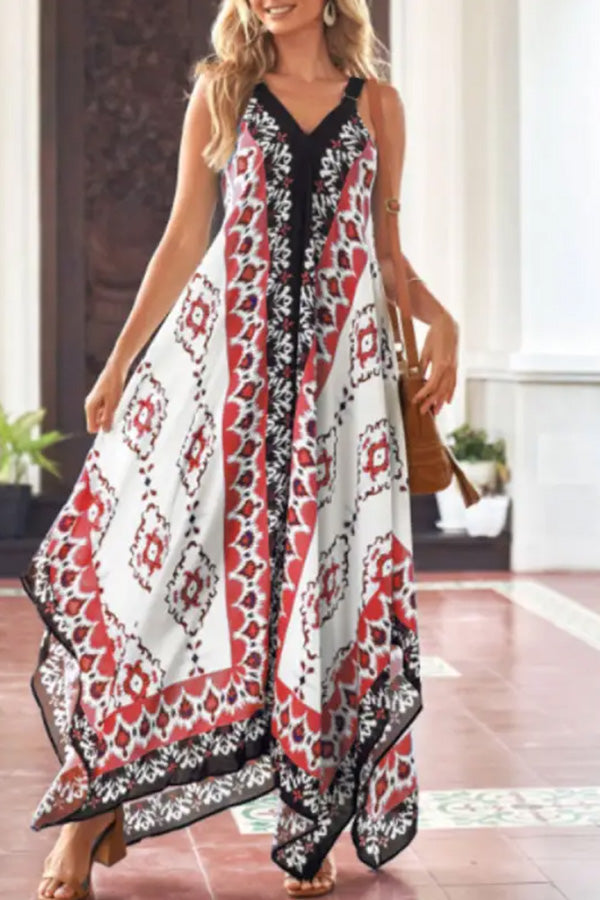 V-Neck Casual Loose Retro Print Vacation Sleeveless Maxi Dress