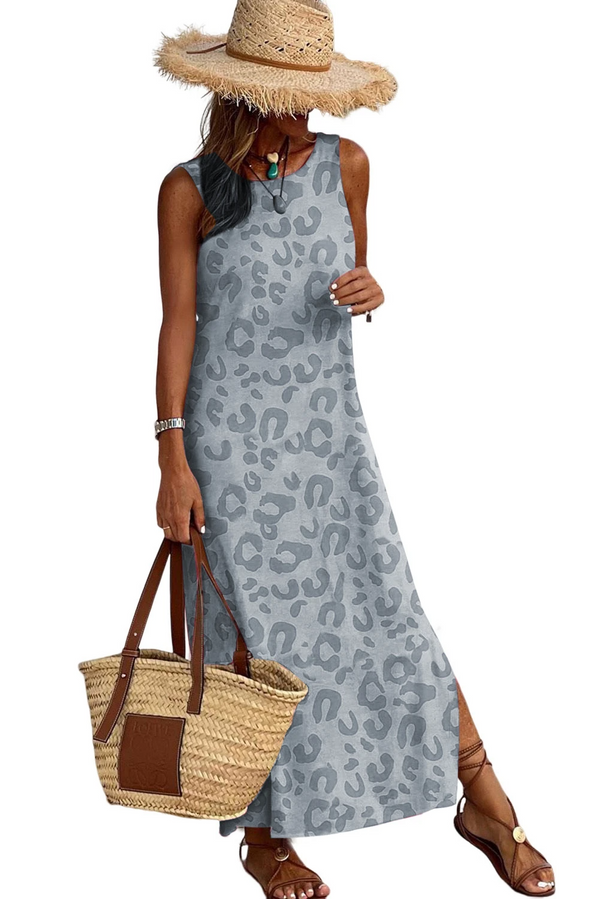 Gray Casual Leopard Print Side Slits Tank Maxi Dress