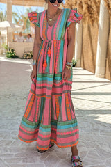 Sunlit Magic Linen Blend Ethnic Print Ruffle Sleeve Tassel Maxi Dress