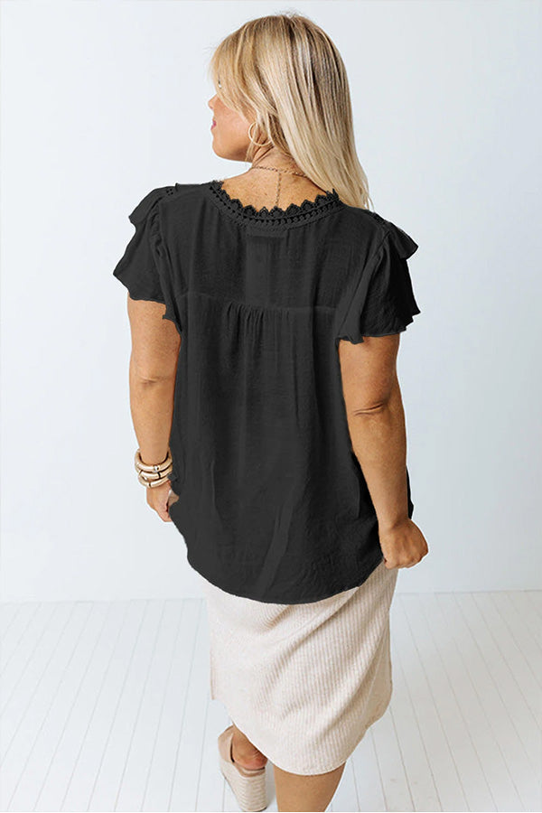 Plain Ruffle Sleeve Buttoned Plus Size Boho Top