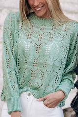 Green Casual Sheer Knitted Pointelle Sweater