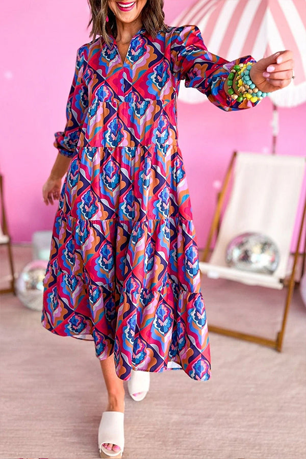 Multicolor Abstract Geometric Print Notch Neck Tiered Boho Dress