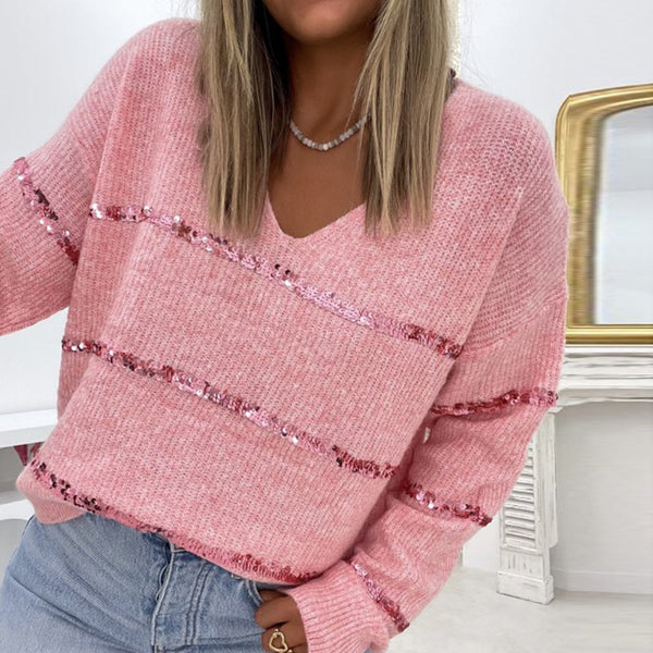 iForgirls Pink Long Sleeve V-Neck Sequins Sweater